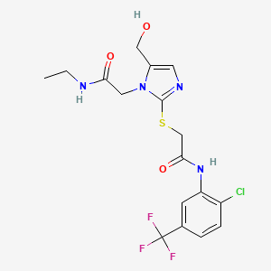 molecular formula C17H18ClF3N4O3S B2798808 N-[2-chloro-5-(trifluoromethyl)phenyl]-2-({1-[(ethylcarbamoyl)methyl]-5-(hydroxymethyl)-1H-imidazol-2-yl}sulfanyl)acetamide CAS No. 923686-33-3