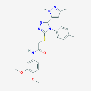molecular formula C24H26N6O3S B279885 N-(3,4-dimethoxyphenyl)-2-{[5-(1,3-dimethyl-1H-pyrazol-5-yl)-4-(4-methylphenyl)-4H-1,2,4-triazol-3-yl]sulfanyl}acetamide 