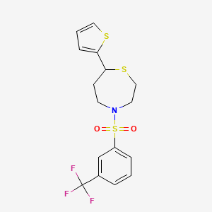 molecular formula C16H16F3NO2S3 B2799008 7-(Thiophen-2-yl)-4-((3-(trifluoromethyl)phenyl)sulfonyl)-1,4-thiazepane CAS No. 1705514-70-0