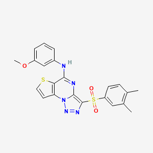 molecular formula C22H19N5O3S2 B2799222 10-(3,4-dimethylbenzenesulfonyl)-N-(3-methoxyphenyl)-5-thia-1,8,11,12-tetraazatricyclo[7.3.0.0^{2,6}]dodeca-2(6),3,7,9,11-pentaen-7-amine CAS No. 892735-92-1
