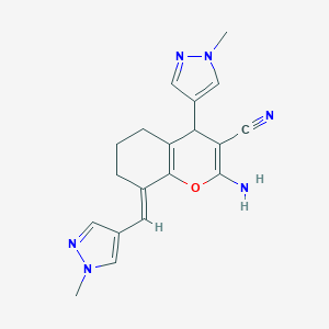 molecular formula C19H20N6O B279927 2-AMINO-4-(1-METHYL-1H-PYRAZOL-4-YL)-8-[(E)-1-(1-METHYL-1H-PYRAZOL-4-YL)METHYLIDENE]-5,6,7,8-TETRAHYDRO-4H-CHROMEN-3-YL CYANIDE 