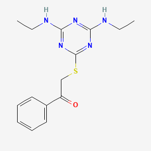 molecular formula C15H19N5OS B2799325 2-((4,6-Bis(ethylamino)-1,3,5-triazin-2-yl)thio)-1-phenylethanone CAS No. 324578-53-2