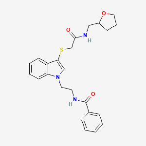 molecular formula C24H27N3O3S B2799366 N-[2-[3-[2-oxo-2-(oxolan-2-ylmethylamino)ethyl]sulfanylindol-1-yl]ethyl]benzamide CAS No. 851715-28-1