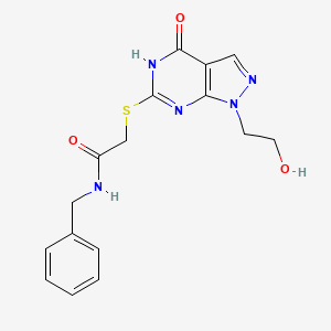molecular formula C16H17N5O3S B2799374 N-benzyl-2-((1-(2-hydroxyethyl)-4-oxo-4,5-dihydro-1H-pyrazolo[3,4-d]pyrimidin-6-yl)thio)acetamide CAS No. 946255-06-7