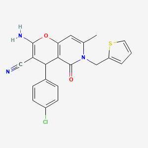 molecular formula C21H16ClN3O2S B2799388 2-amino-4-(4-chlorophenyl)-7-methyl-5-oxo-6-(thiophen-2-ylmethyl)-5,6-dihydro-4H-pyrano[3,2-c]pyridine-3-carbonitrile CAS No. 638138-78-0