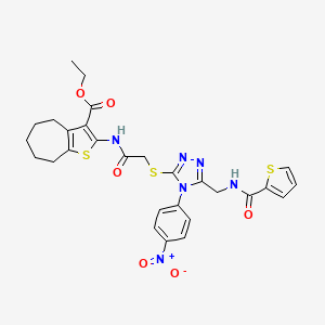 molecular formula C28H28N6O6S3 B2799551 ethyl 2-(2-{[4-(4-nitrophenyl)-5-{[(thiophen-2-yl)formamido]methyl}-4H-1,2,4-triazol-3-yl]sulfanyl}acetamido)-4H,5H,6H,7H,8H-cyclohepta[b]thiophene-3-carboxylate CAS No. 393805-66-8