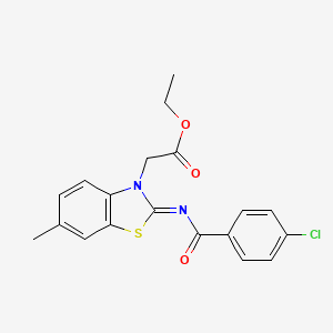 molecular formula C19H17ClN2O3S B2799570 Ethyl 2-[2-(4-chlorobenzoyl)imino-6-methyl-1,3-benzothiazol-3-yl]acetate CAS No. 1005730-02-8