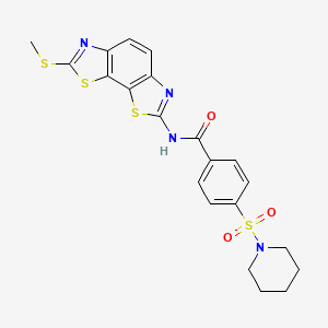 molecular formula C21H20N4O3S4 B2799634 N-[11-(methylsulfanyl)-3,12-dithia-5,10-diazatricyclo[7.3.0.0^{2,6}]dodeca-1(9),2(6),4,7,10-pentaen-4-yl]-4-(piperidine-1-sulfonyl)benzamide CAS No. 361173-11-7