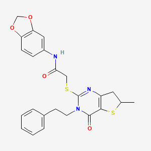molecular formula C24H23N3O4S2 B2799725 N-(2H-1,3-benzodioxol-5-yl)-2-{[6-methyl-4-oxo-3-(2-phenylethyl)-3H,4H,6H,7H-thieno[3,2-d]pyrimidin-2-yl]sulfanyl}acetamide CAS No. 862825-15-8