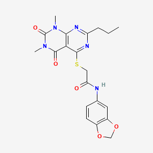 molecular formula C20H21N5O5S B2799833 N-(benzo[d][1,3]dioxol-5-yl)-2-((6,8-dimethyl-5,7-dioxo-2-propyl-5,6,7,8-tetrahydropyrimido[4,5-d]pyrimidin-4-yl)thio)acetamide CAS No. 852171-32-5