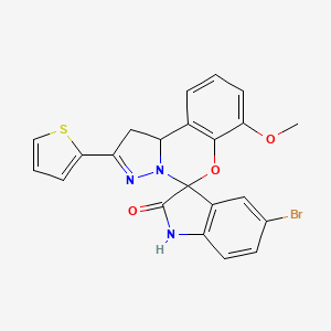 molecular formula C22H16BrN3O3S B2799986 5'-Bromo-7-methoxy-2-(thiophen-2-yl)-1,10b-dihydrospiro[benzo[e]pyrazolo[1,5-c][1,3]oxazine-5,3'-indolin]-2'-one CAS No. 881431-68-1