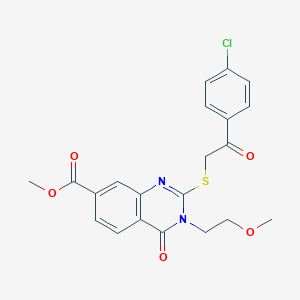 molecular formula C21H19ClN2O5S B2800037 methyl 2-{[2-(4-chlorophenyl)-2-oxoethyl]sulfanyl}-3-(2-methoxyethyl)-4-oxo-3,4-dihydroquinazoline-7-carboxylate CAS No. 403729-03-3