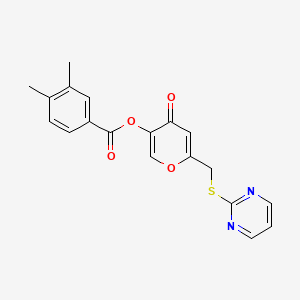 molecular formula C19H16N2O4S B2800116 4-oxo-6-[(pyrimidin-2-ylsulfanyl)methyl]-4H-pyran-3-yl 3,4-dimethylbenzoate CAS No. 877635-37-5
