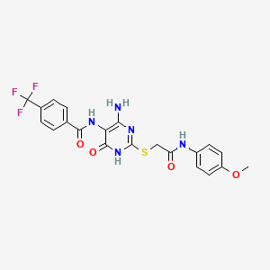 molecular formula C21H18F3N5O4S B2800145 N-(4-amino-2-((2-((4-methoxyphenyl)amino)-2-oxoethyl)thio)-6-oxo-1,6-dihydropyrimidin-5-yl)-4-(trifluoromethyl)benzamide CAS No. 888436-13-3