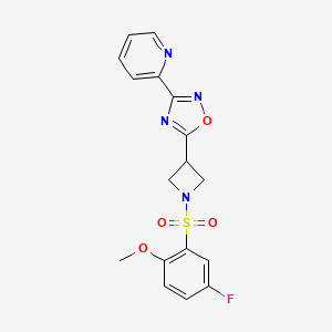 molecular formula C17H15FN4O4S B2800189 5-(1-((5-Fluoro-2-methoxyphenyl)sulfonyl)azetidin-3-yl)-3-(pyridin-2-yl)-1,2,4-oxadiazole CAS No. 1251551-11-7