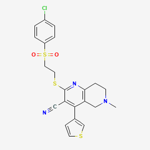 molecular formula C22H20ClN3O2S3 B2800218 2-{[2-(4-chlorobenzenesulfonyl)ethyl]sulfanyl}-6-methyl-4-(thiophen-3-yl)-5,6,7,8-tetrahydro-1,6-naphthyridine-3-carbonitrile CAS No. 625368-12-9