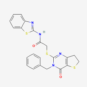 molecular formula C22H18N4O2S3 B2800270 N-(1,3-benzothiazol-2-yl)-2-({3-benzyl-4-oxo-3H,4H,6H,7H-thieno[3,2-d]pyrimidin-2-yl}sulfanyl)acetamide CAS No. 877618-78-5