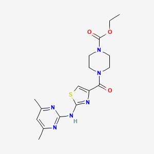 molecular formula C17H22N6O3S B2800347 Ethyl 4-(2-((4,6-dimethylpyrimidin-2-yl)amino)thiazole-4-carbonyl)piperazine-1-carboxylate CAS No. 1251689-14-1