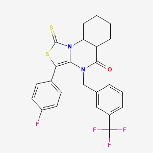 molecular formula C24H14F4N2OS2 B2800435 3-(4-fluorophenyl)-1-sulfanylidene-4-[[3-(trifluoromethyl)phenyl]methyl]-5a,6,7,8,9,9a-hexahydro-[1,3]thiazolo[3,4-a]quinazolin-5-one CAS No. 902935-61-9