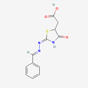 molecular formula C12H11N3O3S B2800513 2-((E)-2-((E)-benzylidenehydrazono)-4-oxothiazolidin-5-yl)acetic acid CAS No. 125908-65-8
