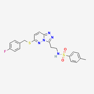 molecular formula C21H20FN5O2S2 B2800566 N-[2-(6-{[(4-fluorophenyl)methyl]sulfanyl}-[1,2,4]triazolo[4,3-b]pyridazin-3-yl)ethyl]-4-methylbenzene-1-sulfonamide CAS No. 872998-20-4