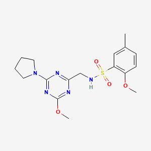 molecular formula C17H23N5O4S B2800599 2-methoxy-N-((4-methoxy-6-(pyrrolidin-1-yl)-1,3,5-triazin-2-yl)methyl)-5-methylbenzenesulfonamide CAS No. 2034277-68-2