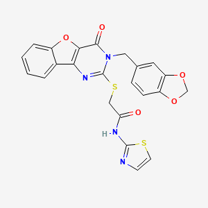 molecular formula C23H16N4O5S2 B2800606 2-({5-[(2H-1,3-benzodioxol-5-yl)methyl]-6-oxo-8-oxa-3,5-diazatricyclo[7.4.0.0^{2,7}]trideca-1(9),2(7),3,10,12-pentaen-4-yl}sulfanyl)-N-(1,3-thiazol-2-yl)acetamide CAS No. 900002-28-0