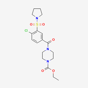 molecular formula C18H24ClN3O5S B2800664 Ethyl 4-(4-chloro-3-(pyrrolidin-1-ylsulfonyl)benzoyl)piperazine-1-carboxylate CAS No. 838897-56-6
