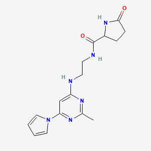molecular formula C16H20N6O2 B2800703 N-(2-((2-methyl-6-(1H-pyrrol-1-yl)pyrimidin-4-yl)amino)ethyl)-5-oxopyrrolidine-2-carboxamide CAS No. 1421443-90-4