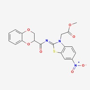 molecular formula C19H15N3O7S B2800716 (Z)-methyl 2-(2-((2,3-dihydrobenzo[b][1,4]dioxine-2-carbonyl)imino)-6-nitrobenzo[d]thiazol-3(2H)-yl)acetate CAS No. 865198-39-6