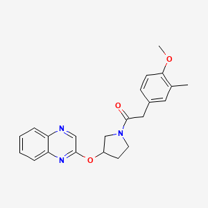 molecular formula C22H23N3O3 B2800785 2-(4-Methoxy-3-methylphenyl)-1-[3-(quinoxalin-2-yloxy)pyrrolidin-1-yl]ethan-1-one CAS No. 2097912-71-3