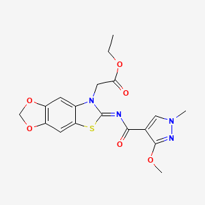 molecular formula C18H18N4O6S B2800896 ethyl 2-[6-(3-methoxy-1-methylpyrazole-4-carbonyl)imino-[1,3]dioxolo[4,5-f][1,3]benzothiazol-7-yl]acetate CAS No. 1173368-29-0
