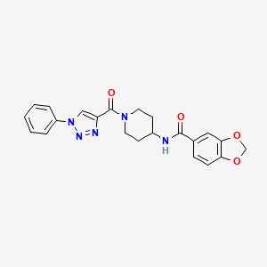 molecular formula C22H21N5O4 B2800955 N-(1-(1-phenyl-1H-1,2,3-triazole-4-carbonyl)piperidin-4-yl)benzo[d][1,3]dioxole-5-carboxamide CAS No. 1251607-71-2