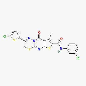 molecular formula C20H12Cl2N4O2S3 B2801077 N-(3-chlorophenyl)-12-(5-chlorothiophen-2-yl)-4-methyl-2-oxo-6,10-dithia-1,8,13-triazatricyclo[7.4.0.0^{3,7}]trideca-3(7),4,8,12-tetraene-5-carboxamide CAS No. 866842-54-8