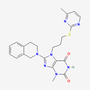 molecular formula C23H25N7O2S B2801161 8-(3,4-dihydroisoquinolin-2(1H)-yl)-3-methyl-7-(3-((4-methylpyrimidin-2-yl)thio)propyl)-1H-purine-2,6(3H,7H)-dione CAS No. 872623-60-4