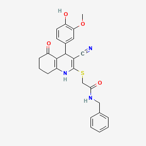 molecular formula C26H25N3O4S B2801170 N-benzyl-2-{[3-cyano-4-(4-hydroxy-3-methoxyphenyl)-5-oxo-1,4,5,6,7,8-hexahydroquinolin-2-yl]sulfanyl}acetamide CAS No. 799800-17-2