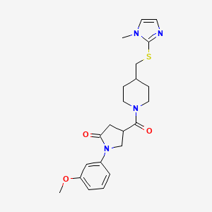 molecular formula C22H28N4O3S B2801235 1-(3-methoxyphenyl)-4-(4-(((1-methyl-1H-imidazol-2-yl)thio)methyl)piperidine-1-carbonyl)pyrrolidin-2-one CAS No. 1428374-03-1