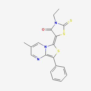 molecular formula C18H15N3OS3 B2801242 (Z)-3-ethyl-5-(3-methyl-8-phenyl-6H-thiazolo[3,4-a]pyrimidin-6-ylidene)-2-thioxothiazolidin-4-one CAS No. 82646-46-6
