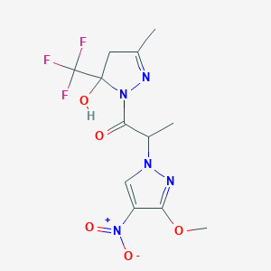 molecular formula C12H14F3N5O5 B280142 1-[5-HYDROXY-3-METHYL-5-(TRIFLUOROMETHYL)-4,5-DIHYDRO-1H-PYRAZOL-1-YL]-2-(3-METHOXY-4-NITRO-1H-PYRAZOL-1-YL)-1-PROPANONE 