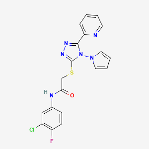 molecular formula C19H14ClFN6OS B2801701 N-(3-chloro-4-fluorophenyl)-2-{[5-(pyridin-2-yl)-4-(1H-pyrrol-1-yl)-4H-1,2,4-triazol-3-yl]sulfanyl}acetamide CAS No. 886941-65-7