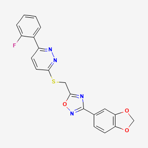 molecular formula C20H13FN4O3S B2801710 3-({[3-(2H-1,3-benzodioxol-5-yl)-1,2,4-oxadiazol-5-yl]methyl}sulfanyl)-6-(2-fluorophenyl)pyridazine CAS No. 1111260-63-9