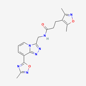 molecular formula C18H19N7O3 B2801812 3-(3,5-二甲基异噁唑-4-基)-N-((8-(3-甲基-1,2,4-噁二唑-5-基)-[1,2,4]三唑并[4,3-a]吡啄啉-3-基)甲基)丙酰胺 CAS No. 2034439-08-0
