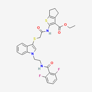 ethyl 2-(2-((1-(2-(2,6-difluorobenzamido)ethyl)-1H-indol-3-yl)thio)acetamido)-5,6-dihydro-4H-cyclopenta[b]thiophene-3-carboxylate