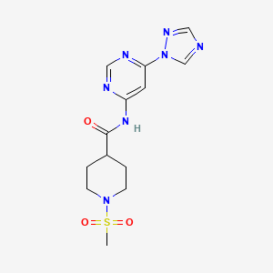 molecular formula C13H17N7O3S B2801820 N-(6-(1H-1,2,4-triazol-1-yl)pyrimidin-4-yl)-1-(methylsulfonyl)piperidine-4-carboxamide CAS No. 1448078-44-1