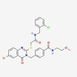 molecular formula C28H26BrClN4O4S B2801881 4-((6-bromo-2-((2-((2-chlorobenzyl)amino)-2-oxoethyl)thio)-4-oxoquinazolin-3(4H)-yl)methyl)-N-(2-methoxyethyl)benzamide CAS No. 689227-22-3