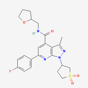 molecular formula C23H25FN4O4S B2801883 1-(1,1-dioxidotetrahydrothiophen-3-yl)-6-(4-fluorophenyl)-3-methyl-N-((tetrahydrofuran-2-yl)methyl)-1H-pyrazolo[3,4-b]pyridine-4-carboxamide CAS No. 1021215-00-8