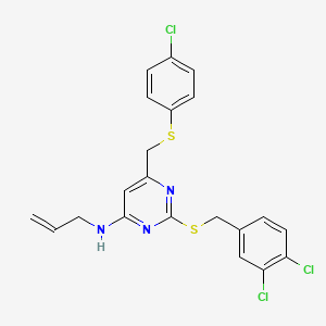 molecular formula C21H18Cl3N3S2 B2802016 N-allyl-6-{[(4-chlorophenyl)sulfanyl]methyl}-2-[(3,4-dichlorobenzyl)sulfanyl]-4-pyrimidinamine CAS No. 478261-64-2