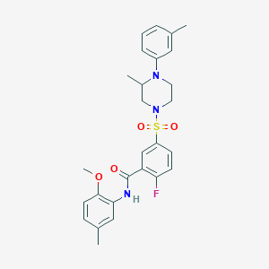 2-fluoro-N-(2-methoxy-5-methylphenyl)-5-[3-methyl-4-(3-methylphenyl)piperazin-1-yl]sulfonylbenzamide