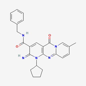 molecular formula C25H25N5O2 B2802291 N-benzyl-7-cyclopentyl-6-imino-13-methyl-2-oxo-1,7,9-triazatricyclo[8.4.0.03,8]tetradeca-3(8),4,9,11,13-pentaene-5-carboxamide CAS No. 608491-76-5