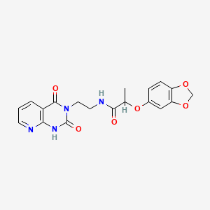 molecular formula C19H18N4O6 B2802322 2-(benzo[d][1,3]dioxol-5-yloxy)-N-(2-(2,4-dioxo-1,2-dihydropyrido[2,3-d]pyrimidin-3(4H)-yl)ethyl)propanamide CAS No. 2034373-15-2
